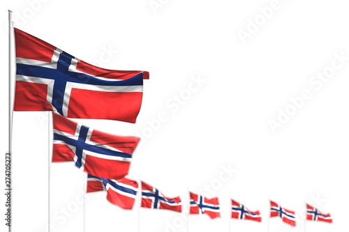 cute national holiday flag 3d illustration. - Norway isolated flags placed diagonal, photo with bokeh and space for text