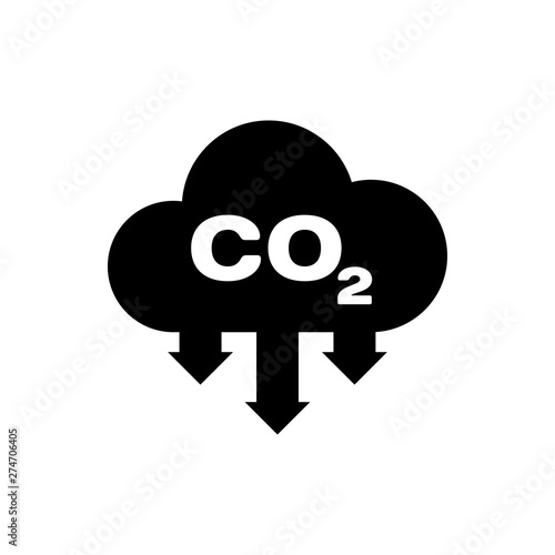 Black CO2 emissions in cloud icon isolated. Carbon dioxide formula symbol, smog pollution concept, environment concept. Vector Illustration