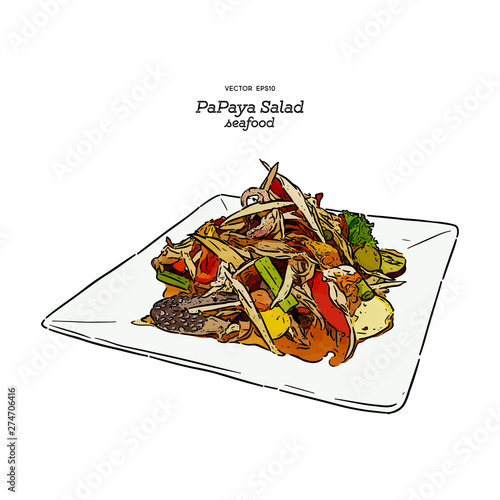 papaya salad or som-tum , thai food. hand draw sketch vector.