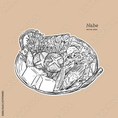 Nabe, Japanese hot pot. hand draw sketch vector. photo