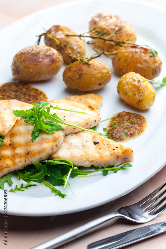 Still lifegrilled cod with potatoes Still lifegrilled cod with potatoes