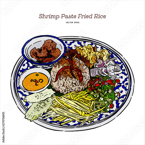 thai fried rice with shrimp paste, khao kluk kapi. Hand draw sketch vector.