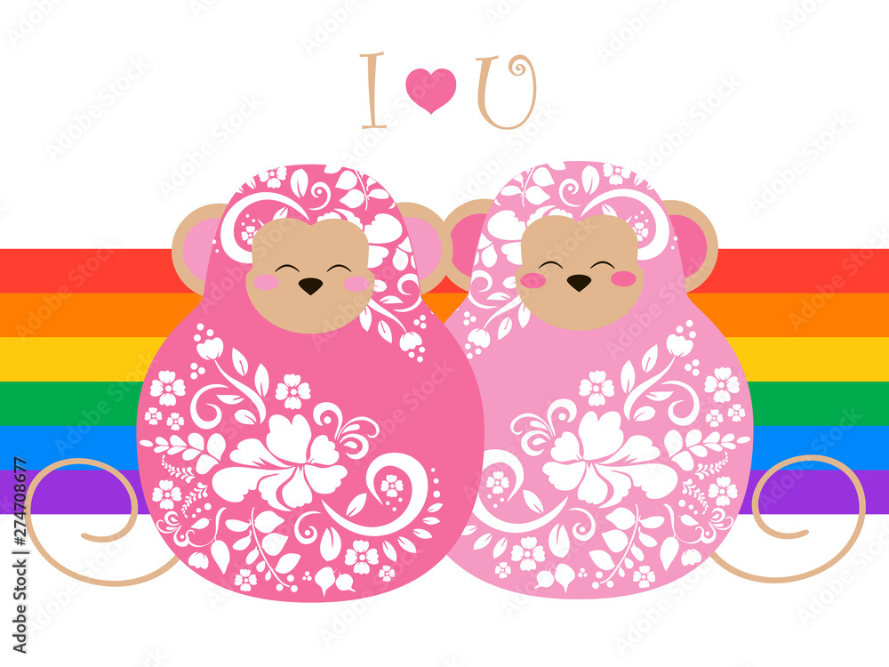 Two lesbian matrioshka monkey with floral pattern on lgbt flag background  a symbol of same-sex marriage and love