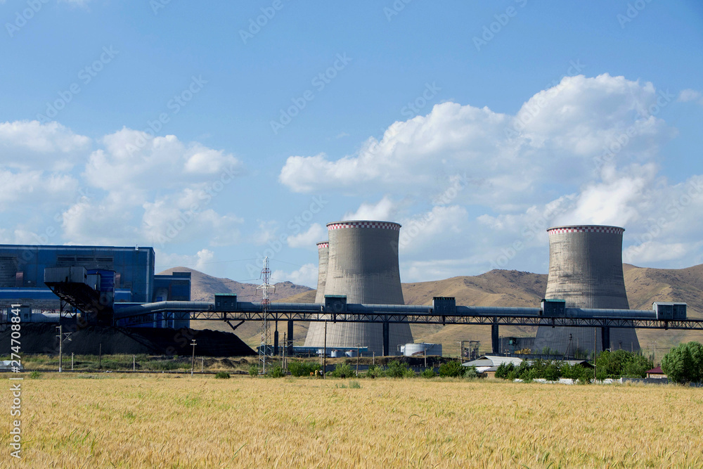 big factory, thermoelectric power station, Global Warming Smoke Rising from Factory big factory, thermoelectric power station, Global Warming Smoke Rising from Factory