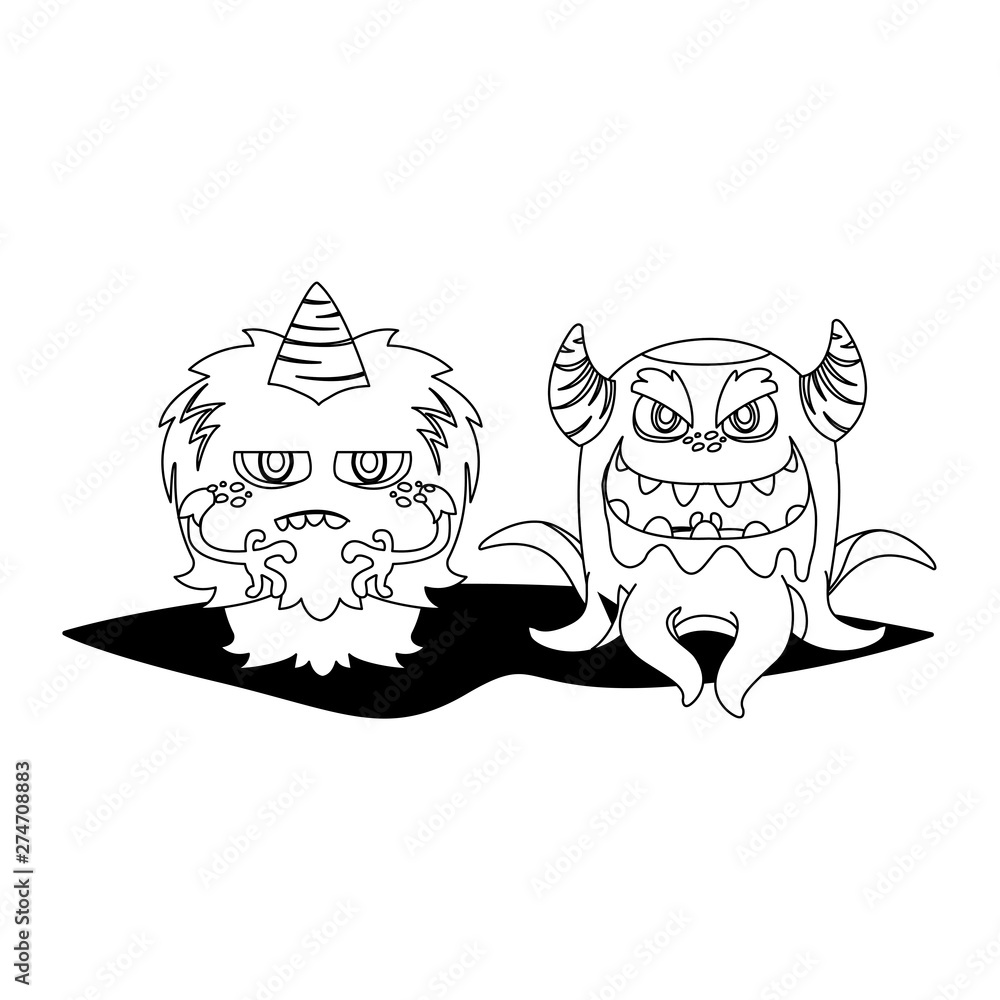 funny monsters couple comic characters monochrome funny monsters couple comic characters monochrome