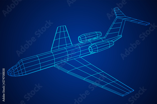 Private Jet Plane Abstract polygonal wireframe business luxury twin engine airplane. Travel aircraft, tourism and vacation concept. Wireframe low poly mesh vector illustration