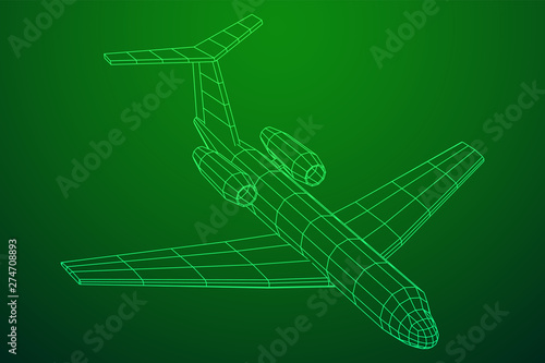 Private Jet Plane Abstract polygonal wireframe business luxury twin engine airplane. Travel aircraft, tourism and vacation concept. Wireframe low poly mesh vector illustration photo