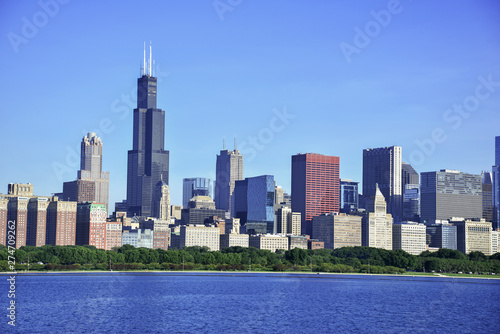 Photography City Skyline with high rise buildings and skyscrapers in Chicago Illinois, USA