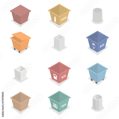 Set of 3D garbage cans, vector illustration.