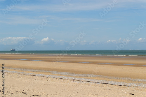 La plage à marée basse, bancs de coquillages sur le sable rosé. Vue à l'horizon sur les falaises de calcaire Britanniques