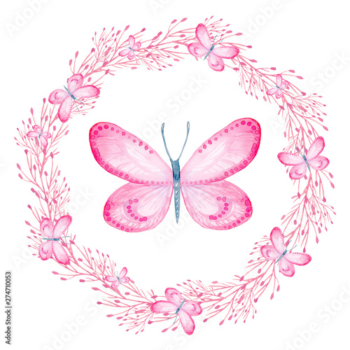 Cartoon watercolor illustration. Template for postcard  poster  invitation. Cute hand-drawn pink butterfly in a wreath isolated on a white background.