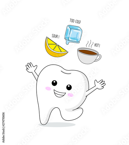 Healthy tooth to cold, sour and hot. Cute cartoon tooth character. Dental care concept, info-graphic of lemon, ice and hot drink.  Illustration isolated on white background.