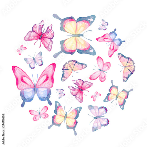 Cartoon watercolor illustration. Template for postcard, poster, invitation. Cute hand-drawn purple, blue, pink butterflies in a circle isolated on a white background.