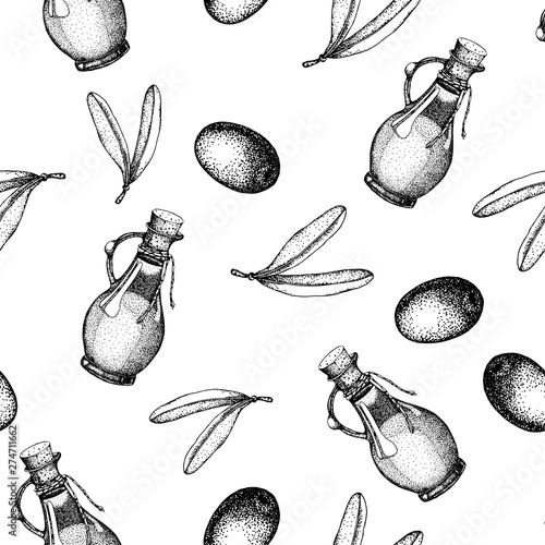 Seamless pattern of black and green olives branch isolated on white background. Design for olive oil, natural cosmetics, health care products, label