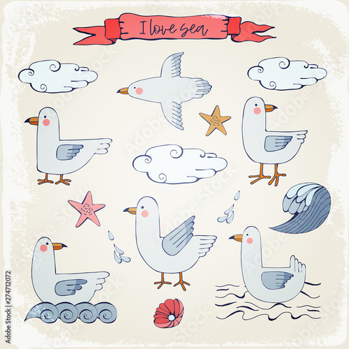 Colorful sea set with cute seagulls. Elements for summer design: clouds, birds, shells, waves, stars, flag. Cartoon hand-drawn style. Isolated objects.