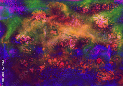 Purple, blue, green, orange and yellow watercolor splash background. Paint stains with spots, blots, grains, splashes. Colorful wallpaper.