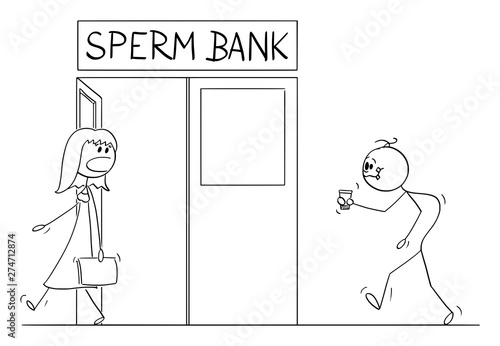 Vector cartoon stick figure drawing conceptual illustration of ugly and deformed man walking in sperm bank with cup of sperm to test it or sell it. Fertilized woman is shocked.