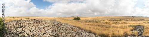 Panoramic  view of the remnants of the megalithic complex of the early Bronze Age  - Wheels of Spirits - Rujum Al-Hiri - Gilgal Rephaeem - on the Golan Heights in Israel photo