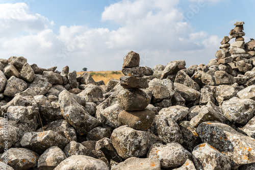 The  remnants of the megalithic complex of the early Bronze Age  - Wheels of Spirits - Rujum Al-Hiri - Gilgal Rephaeem - on the Golan Heights in Israel © svarshik