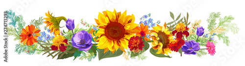 Horizontal autumn’s border: sunflowers, marigold (tagetes), anemones, forget-me-nots, gerbera daisy flowers, twigs on white background. Illustration in watercolor style, panoramic view, vector