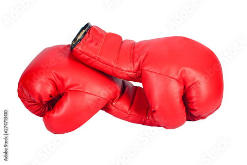 Pair of red leather boxing gloves or mitt isolated on white background.
