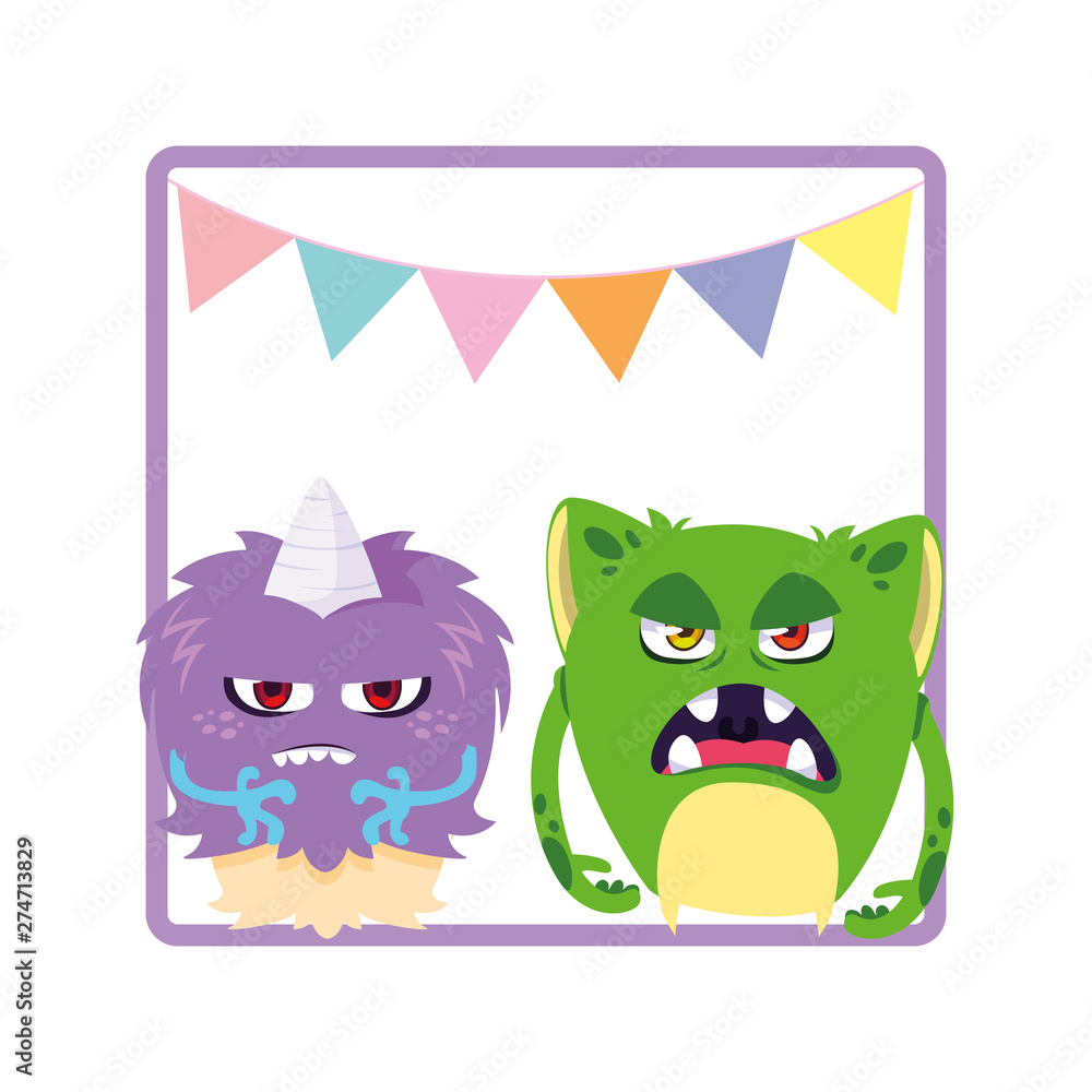 square frame with funny monsters and garlands hanging square frame with funny monsters and garlands hanging
