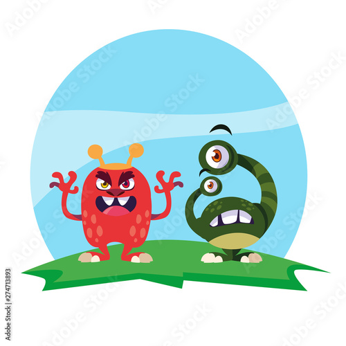 funny monsters couple in the field characters colorful