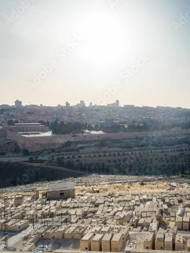 Panoramic view to Jerusalem Old city and the Temple Mount, Dome of the Rock from the Mount of Olives in Jerusalem, Israel