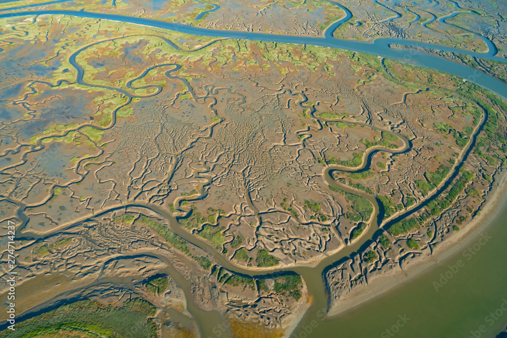 Estuary at Bair Island Marine Park in Redwood City, CA, aerial view Estuary at Bair Island Marine Park in Redwood City, CA, aerial view