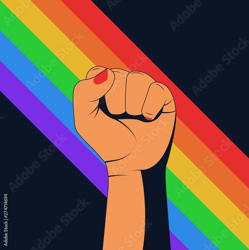 Vector poster with female hand with clenched fist and rainbow LGBT flag.