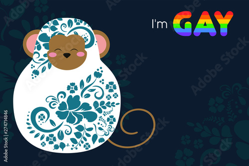 I am gay - kawaii matrioshka monkey recognition of society and myself, a symbol of self-acceptance, adoption, awareness, flowers pattern background, text frame