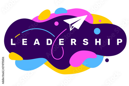 Vector creative illustration of business leadership word typography with paper air plane icon on color background with abstract shape.