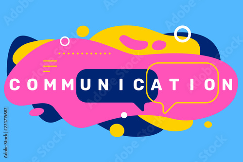 Vector creative illustration of business communication word typography with speech bubble icon on color background with abstract shape.