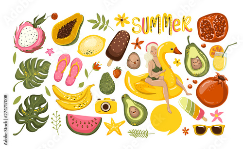 Summer set with hand drawn travel elements. Ice cream  watermelon  leaves  pomegranate  sandals  avocado  banana  calligraphy and other. Vector illustration EPS10