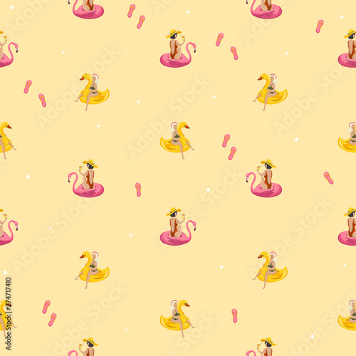 Hand drawn vector seamless pattern background with cartoon women. Summer time people. Vector EPS 10