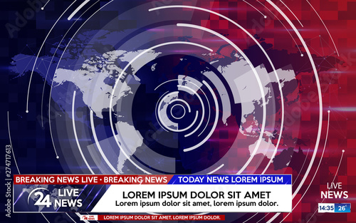 Breaking news live on world map on the blue and red background. Background screen saver on breaking news.  Vector illustration.