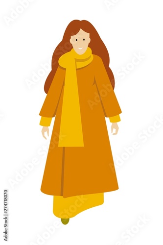 girl with bright red hair in a long orange raincoat on a white background