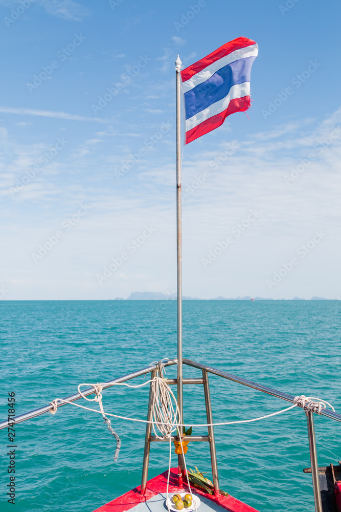 Fototapeta premium Front head of the boat above the sea with Thai flag background