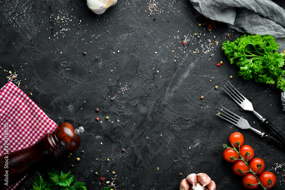 Cooking banner. Fresh vegetables and spices. Top view. Free space for your text. - obrazy, fototapety, plakaty 