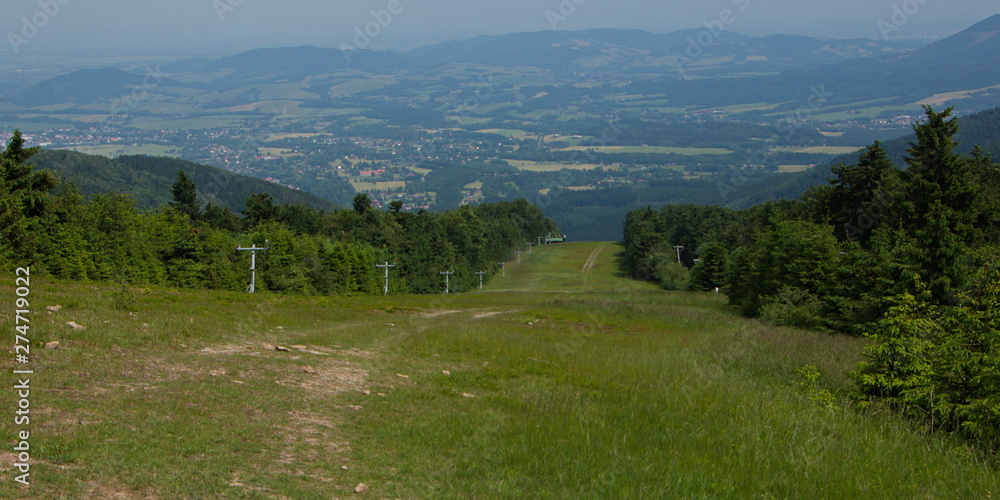Panoramic view from the trail from Pustevny to Radhost in Beskydy in Czech republic