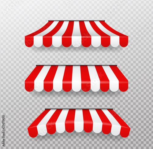 Red and white sunshades for shops Isolated vector on transparent background.