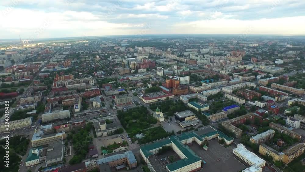 Aerial drone panning shot of the city of OMSK, Russia Aerial drone panning shot of the city of OMSK, Russia