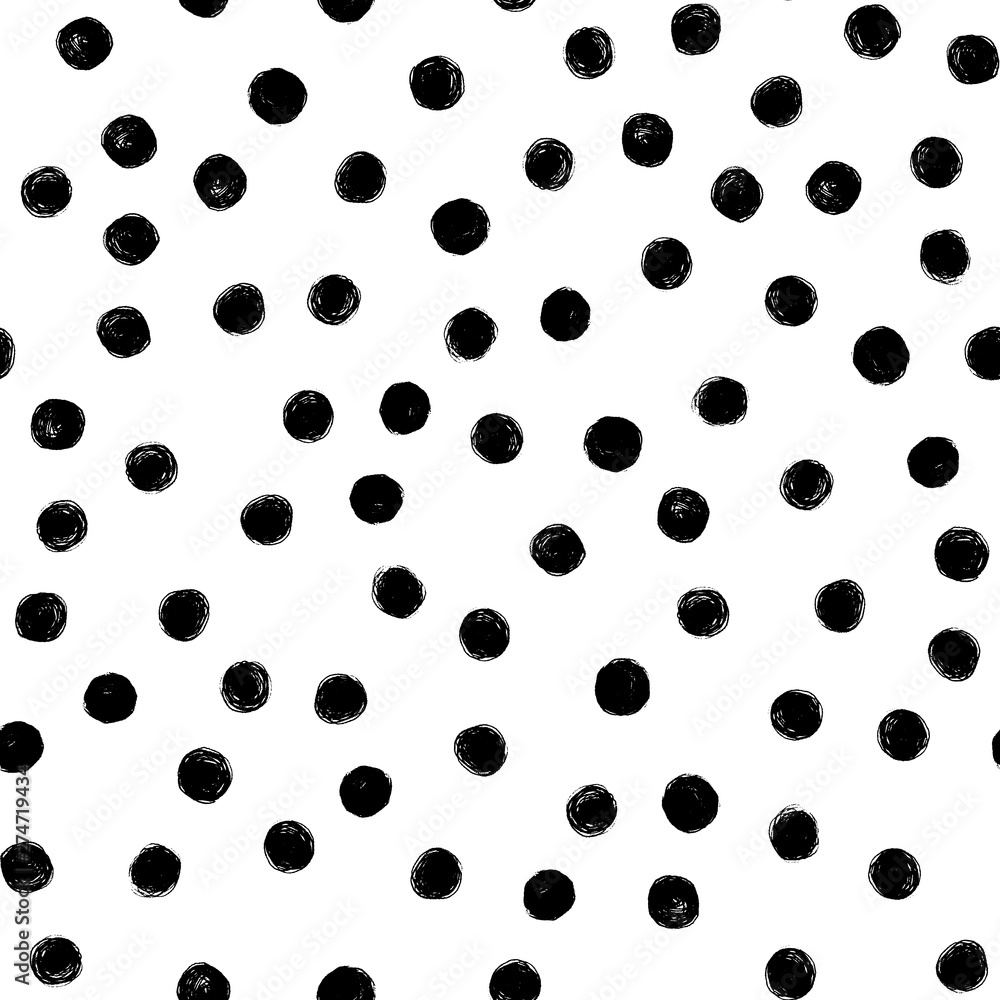 Hand Draw Polka Dots Seamless Pattern. Vector Black ink Brush. The texture of the pencil.