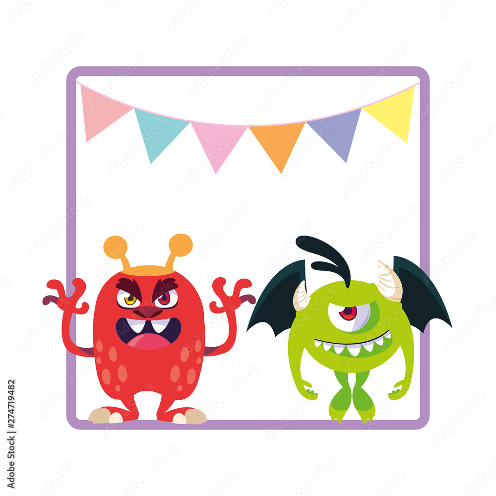 square frame with funny monsters and garlands hanging square frame with funny monsters and garlands hanging