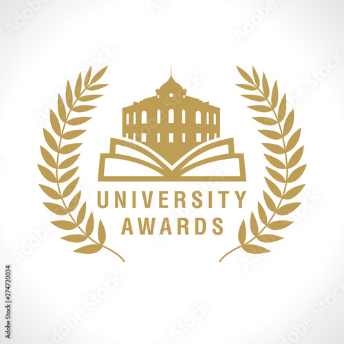 Educational awards logotype. Isolated abstract graphic design template. Golden colored award concept. Nominated celebrating elegant banner. Decorative sign with retro tradition architectural symbol.