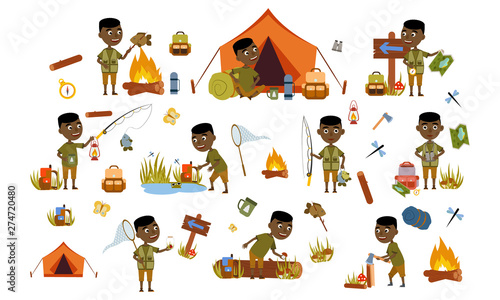 Set African American boy black tourist nature. Camping. Fishing, overnight in a tent, picking mushrooms, fun and relaxation. Children's camp. Scouts. Cute Vector Illustration