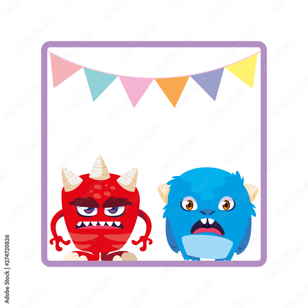 square frame with funny monsters and garlands hanging square frame with funny monsters and garlands hanging