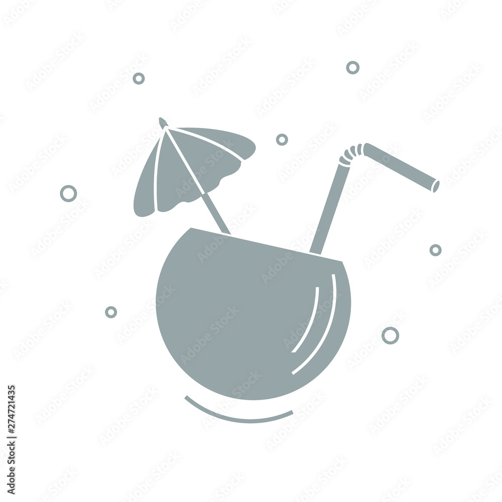 Stylized icon of the cocktail in half coconut, tube and umbrella. Travel and leisure. Stylized icon of the cocktail in half coconut, tube and umbrella. Travel and leisure.
