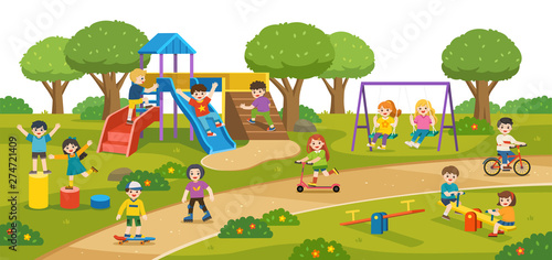 Happy excited kids having fun together on playground. Children play outside with sky background. Colorful isometric playground elements with Kids. Template for advertising brochure.