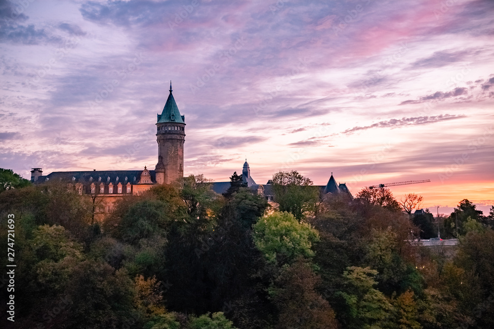 Panoramic view of the old city of Luxembourg at sunset
